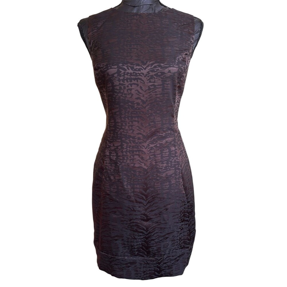 Michael Kors Sleek Brown Textured Sheath Dress - Bronze on Black Animal Print 8P